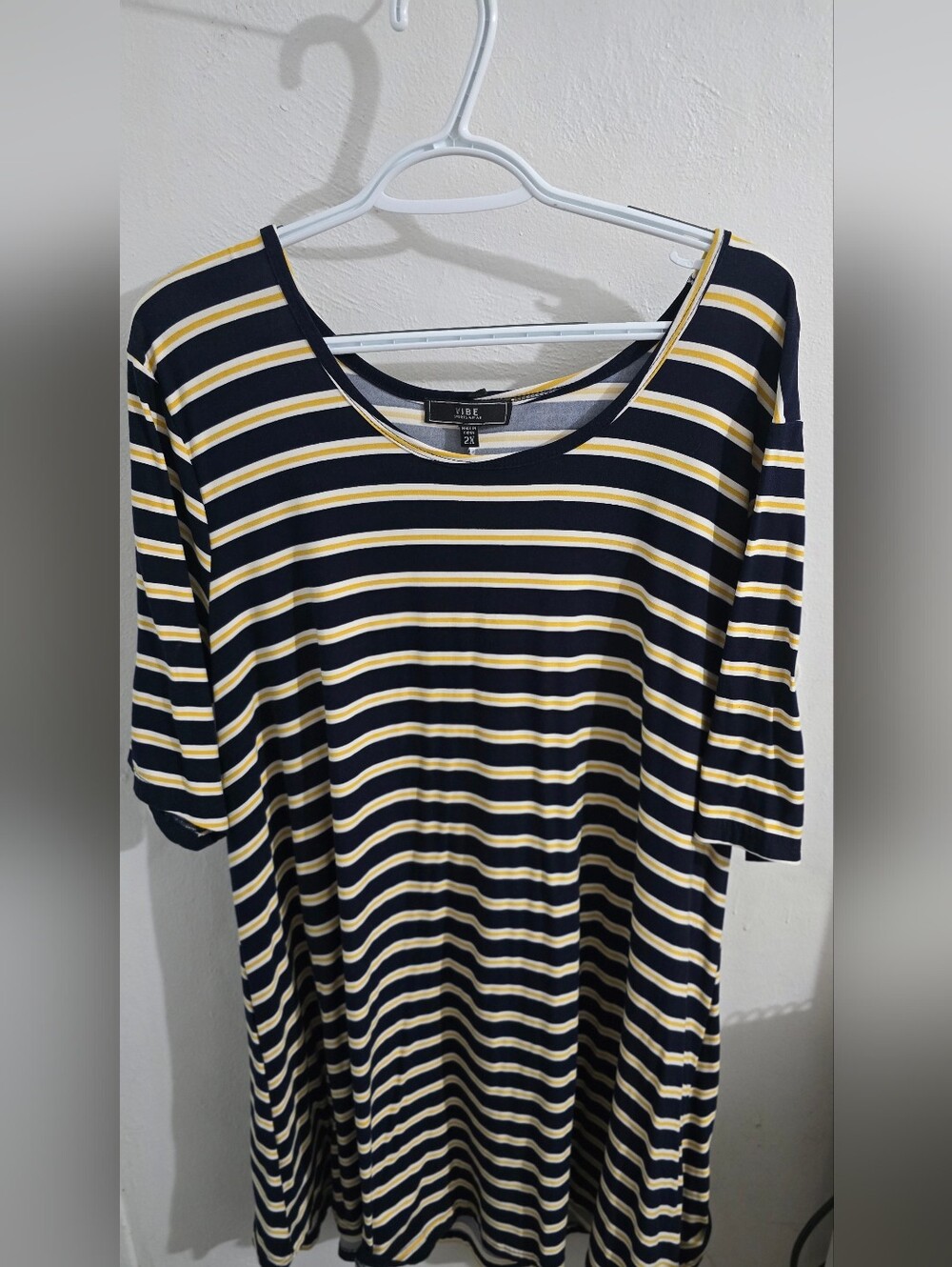 Stripe Scoop-Neck Tee Dress in Navy and Yellow by